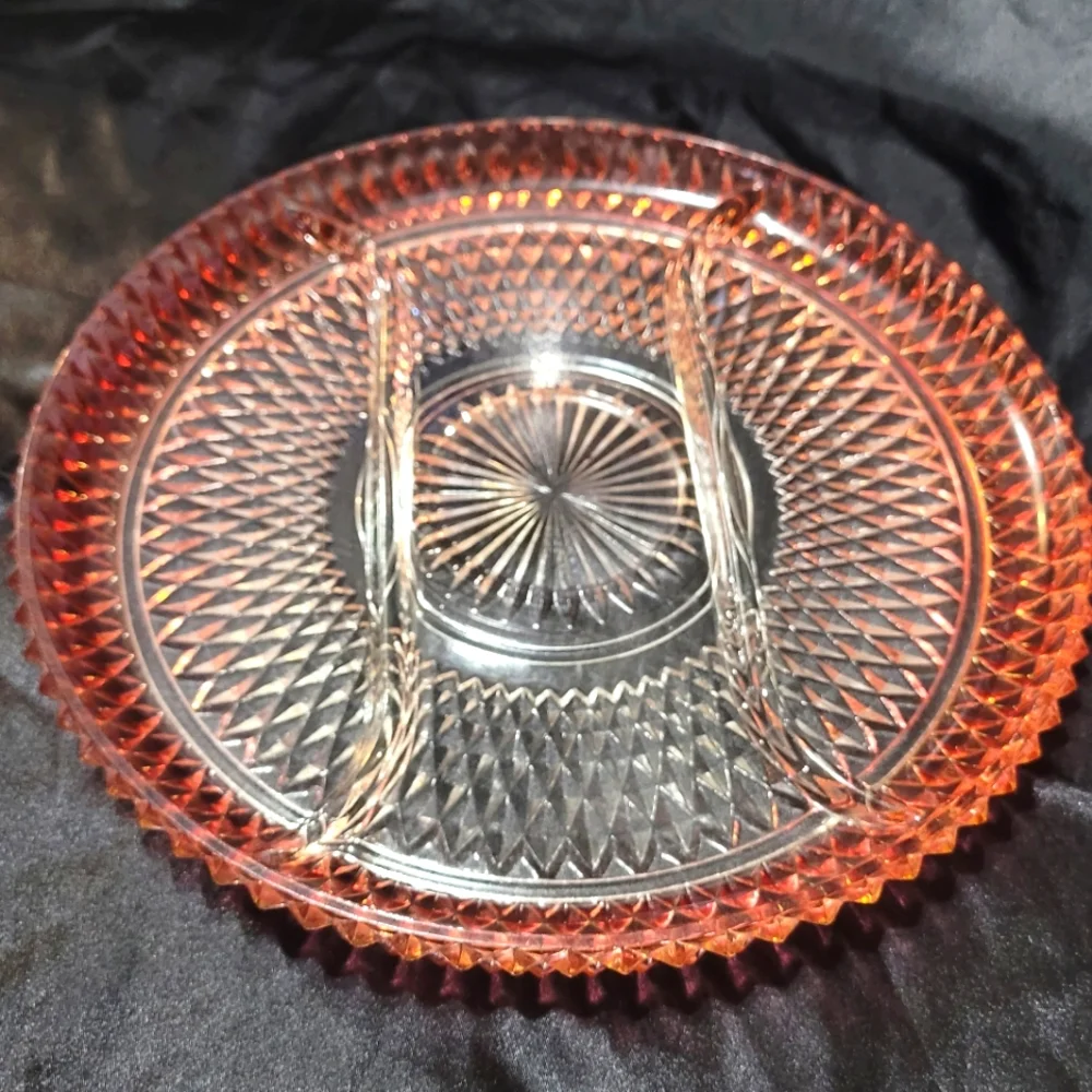 Vintage Indian Glass Diamond Point  Tray~Ruby Flash~3 Part~Relish~Serving Dish